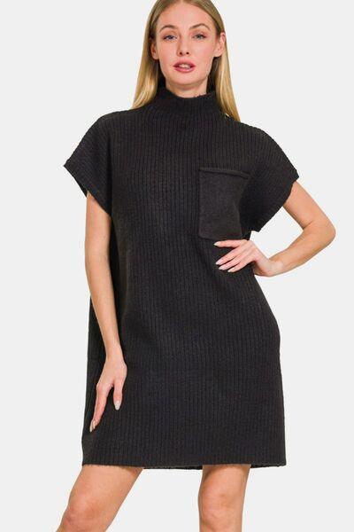 Zenana Short Sleeve Sweater Mini Dress Black