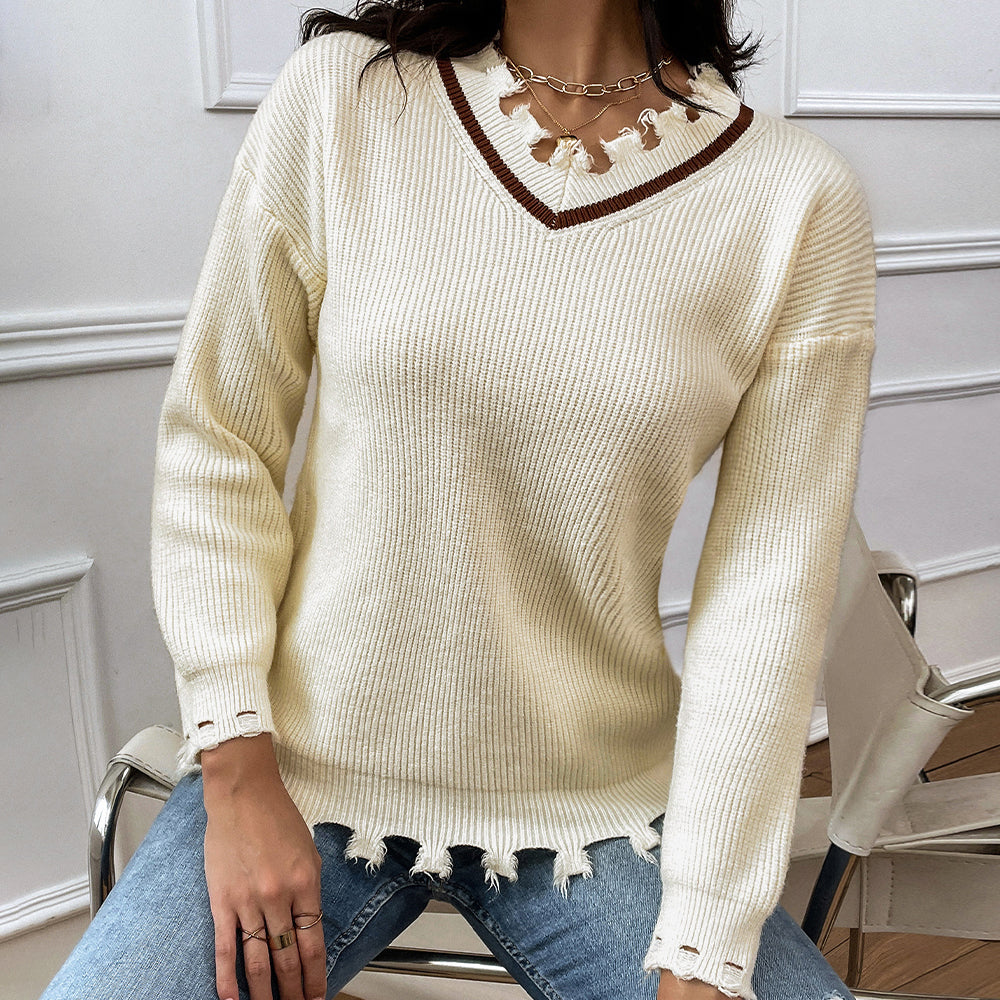 Shiny Frayed Detail V-Neck Sweater