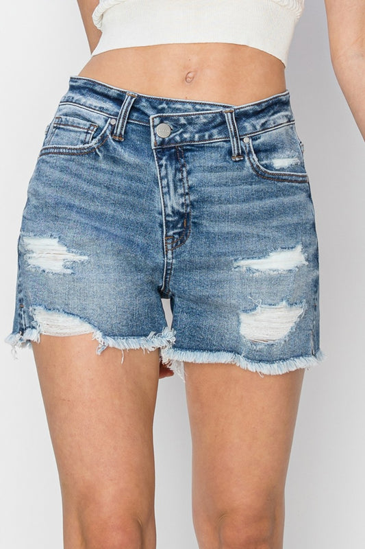 RISEN Stepped Waist Frayed Denim Shorts MEDIUM