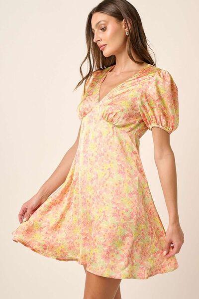 Mittoshop Printed V-Neck Puff Sleeve Mini Dress Yellow Combo