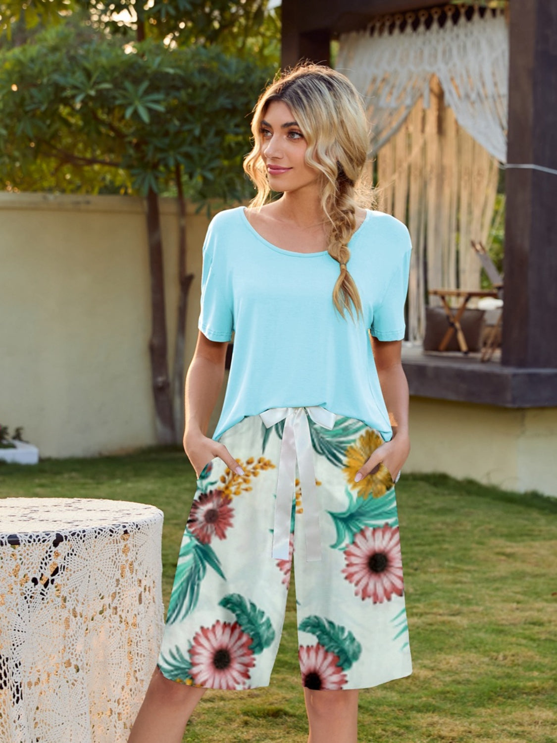 Short Sleeve Top and Printed Shorts Lounge Set Aqua