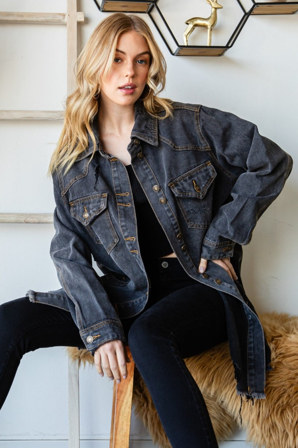 Veveret Button Up Distressed Frayed Hem Denim Jacket BLACKWASH