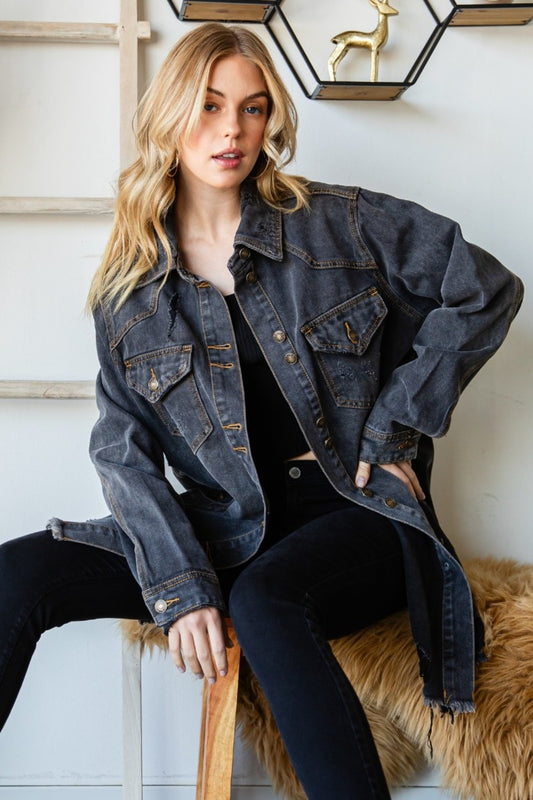 Veveret Button Up Distressed Frayed Hem Denim Jacket BLACKWASH