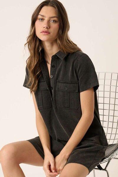 Mittoshop Button Detail Collared Neck Short Sleeve Shirt Dress Black