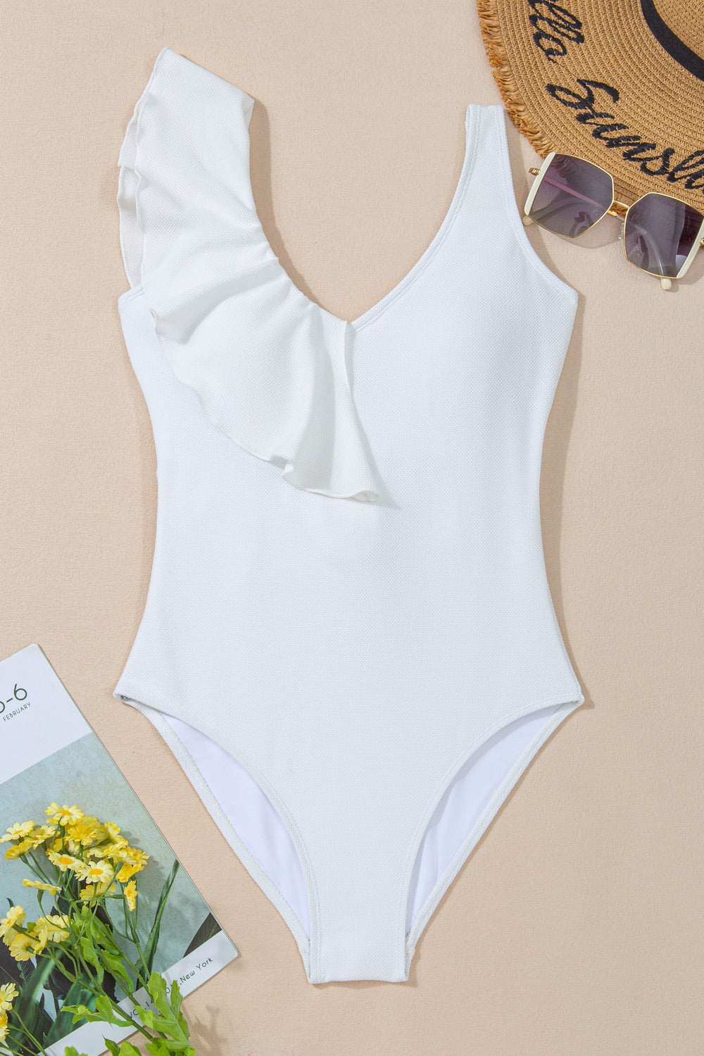 Ruffled V-Neck Wide Strap One-Piece Swimwear