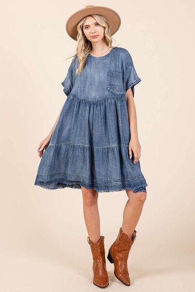 Mittoshop Washed Chambray Denim Oversized Tier Mini Dress