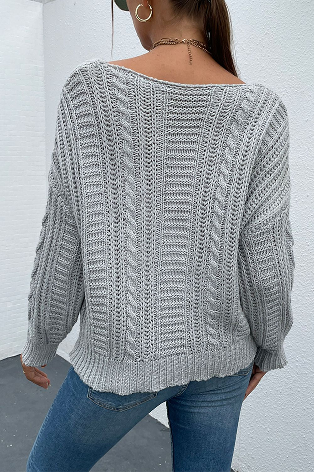 Shiny V-Neck Cable-Knit Long Sleeve Sweater