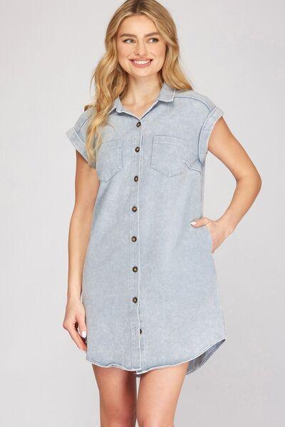 She + Sky Full Size Folded Cuff Button Down Washed Twill Shirt Dress Plus Size Blue Grey