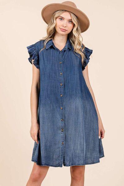 Mittoshop Washed Chambray Ruffle Sleeve Buttoned Mini Dress