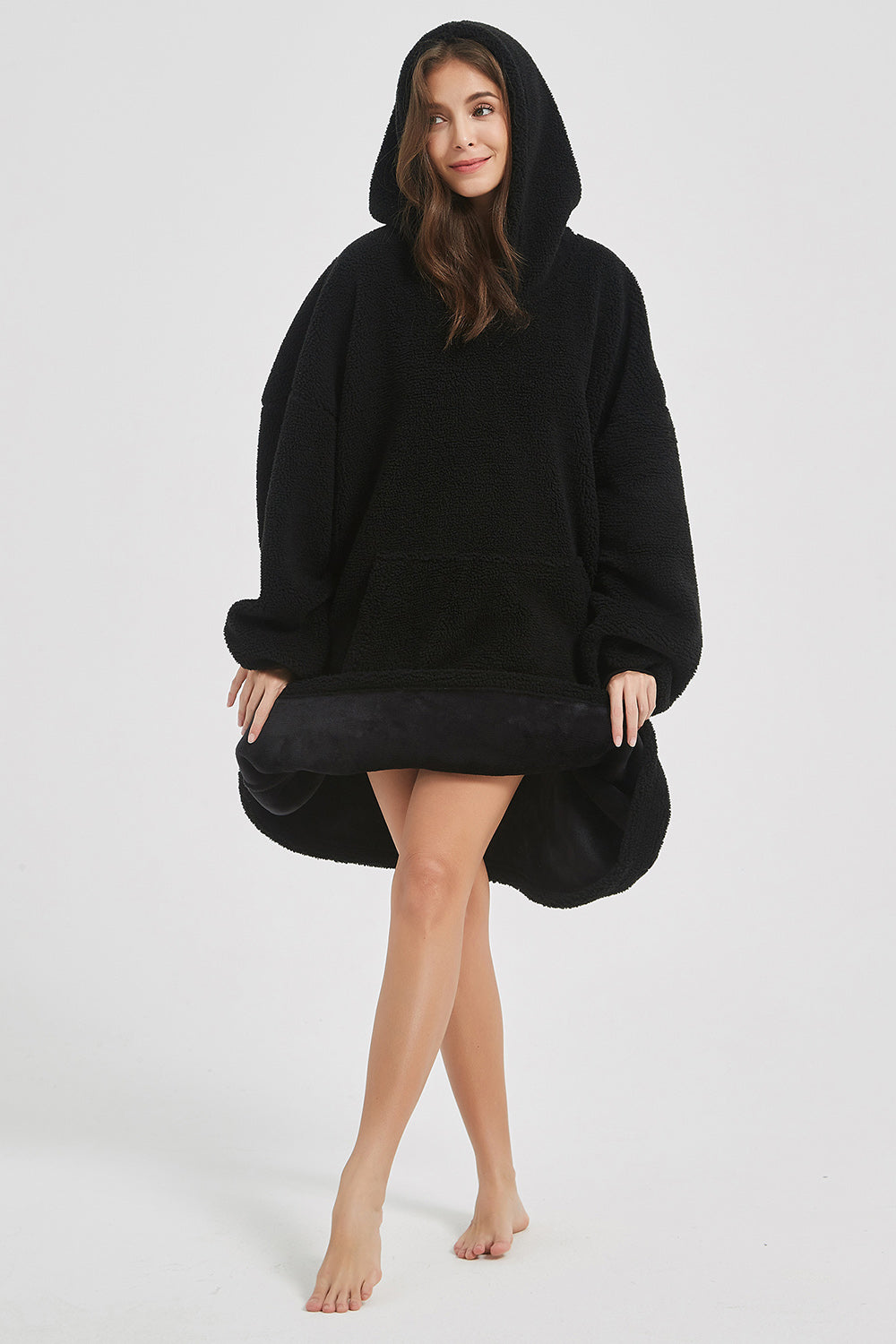 Lantern Sleeve Oversized Hooded Fuzzy Lounge Dress