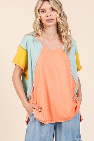 Mittoshop Color Block V-Neck Short Sleeve T-Shirt Coral Combo