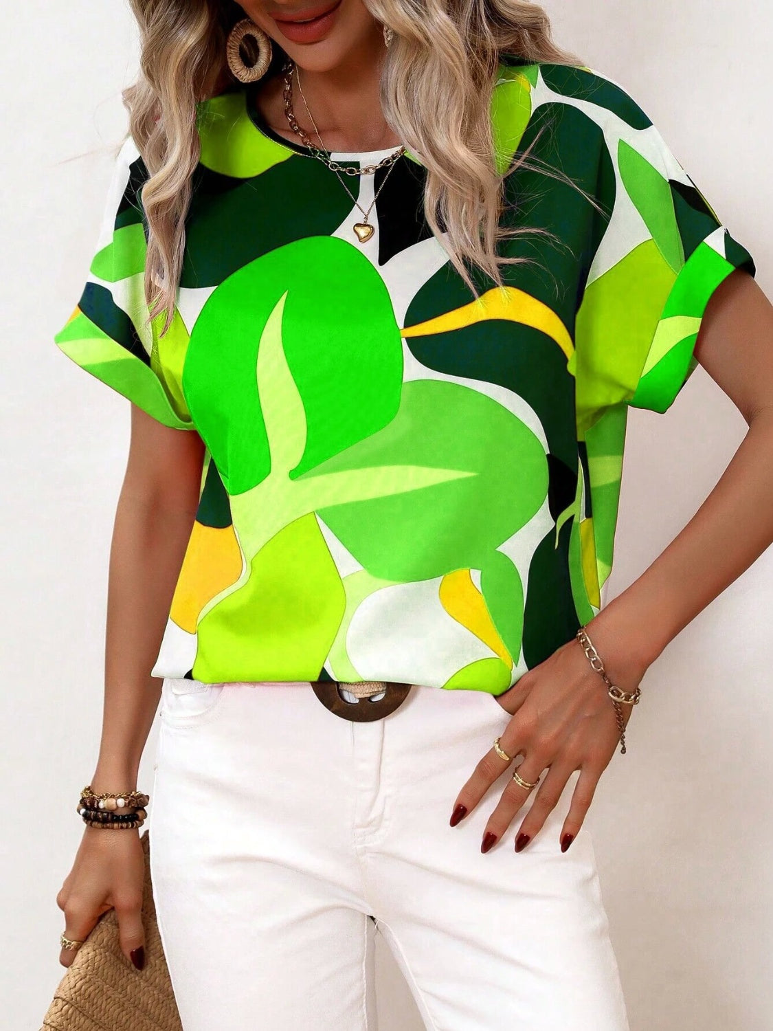 Contrast Round Neck Short Sleeve Blouse Neon Green