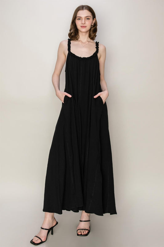 HYFVE Frill Sleeveless A-Line Maxi Dress Black