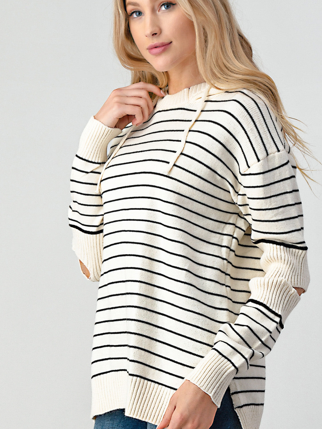 Shiny Striped Cutout Slit Sweater