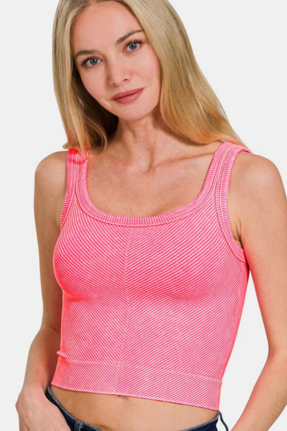 Zenana Washed Ribbed Scoop Neck Wide Strap Tank N Coral Fuchsia