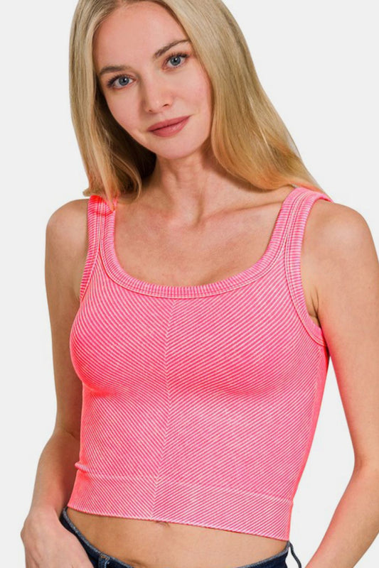 Zenana Washed Ribbed Scoop Neck Wide Strap Tank N Coral Fuchsia