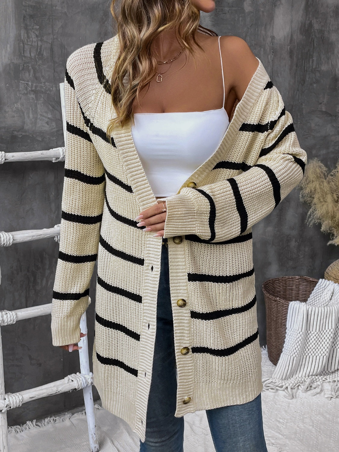 Striped Button Up Long Sleeve Cardigan