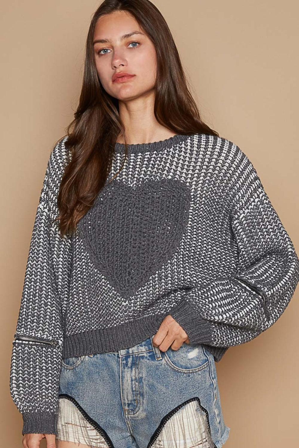 POL Round Neck Heart Patch Zipper Point Sleeve Sweater Charcoal