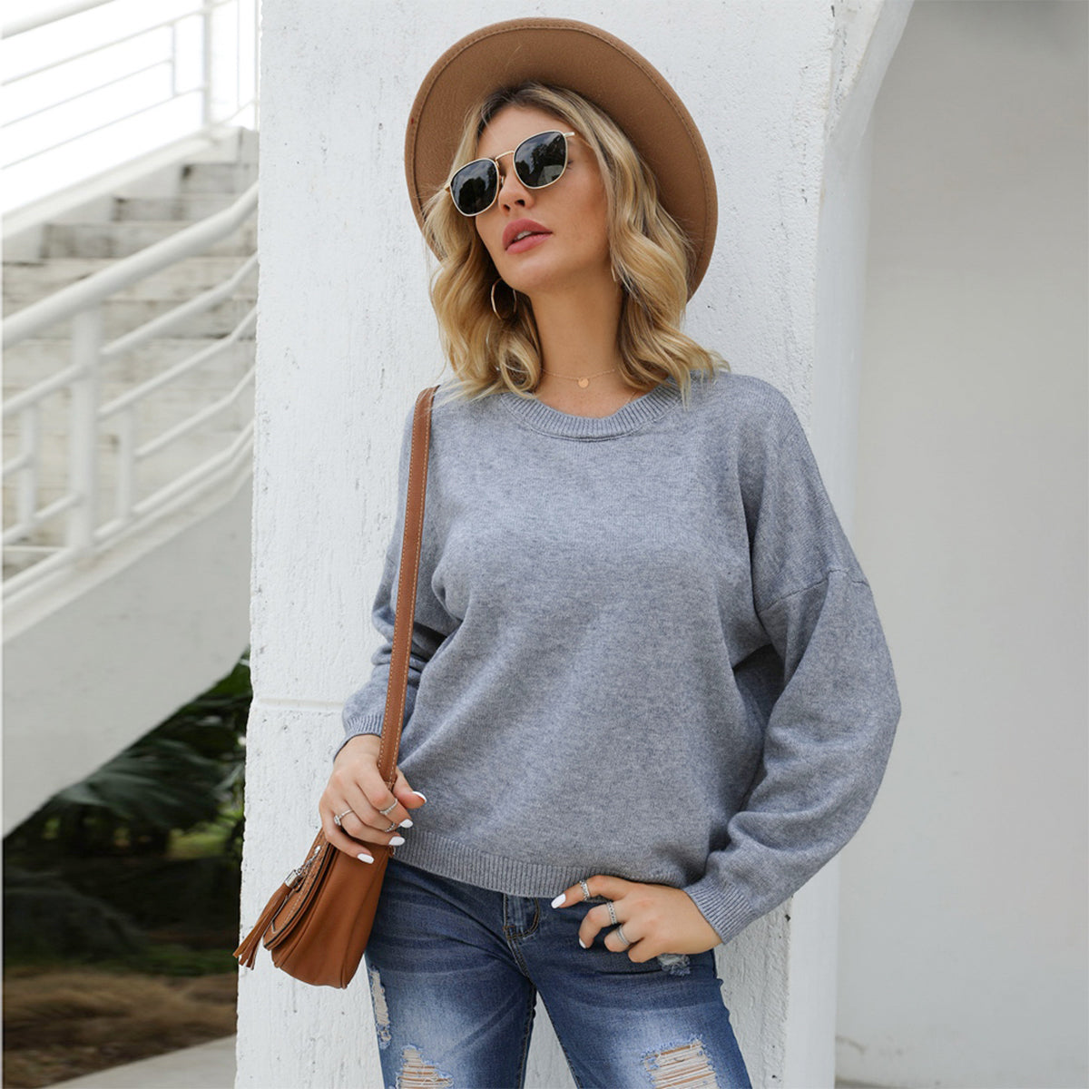 Shiny Round Neck Long Sleeve Drop Shoulder Sweater