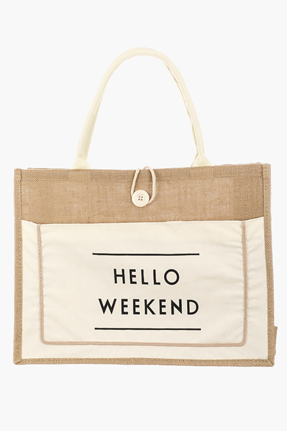 Fame Hello Weekend Burlap Tote Bag Ivory One Size