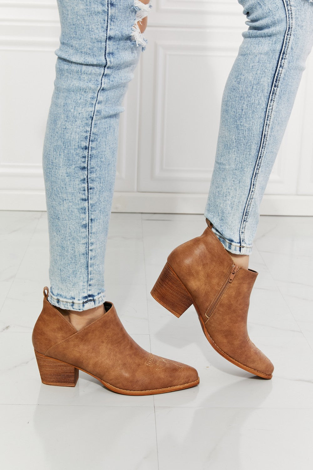 Embroidered Crossover Cowboy Bootie in Caramel  right