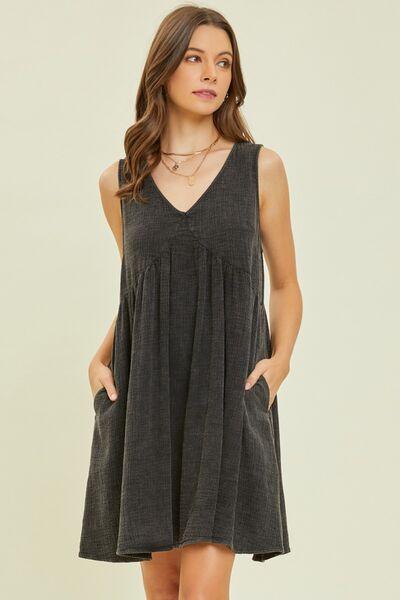 HEYSON Full Size Texture V-Neck Sleeveless Flare Mini Dress Black